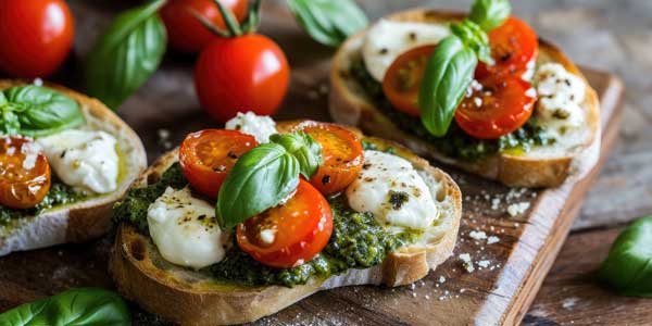 Cherrytomaten mit Mozzarella und Basilikumpesto auf frischem Brot